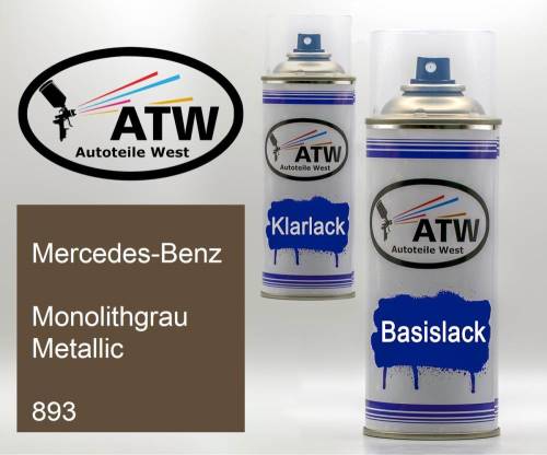 Mercedes-Benz, Monolithgrau Metallic, 893: 400ml Sprühdose + 400ml Klarlack - Set, von ATW Autoteile West.
